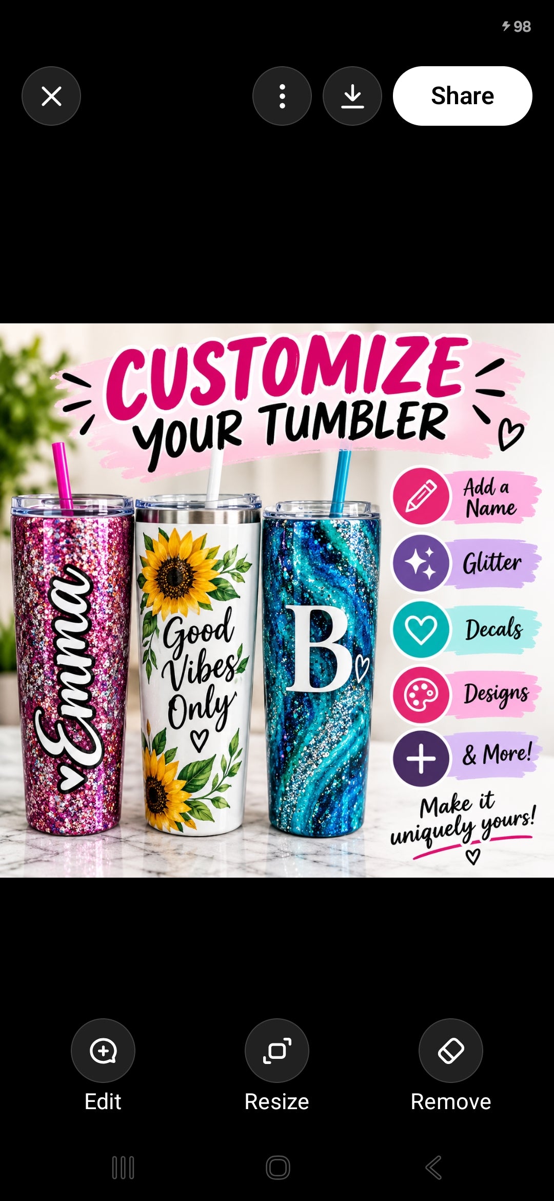 CUSTOMIZE YOUR TUMBLER ✨
Add a Name • Glitter • Decals • Technique & More!